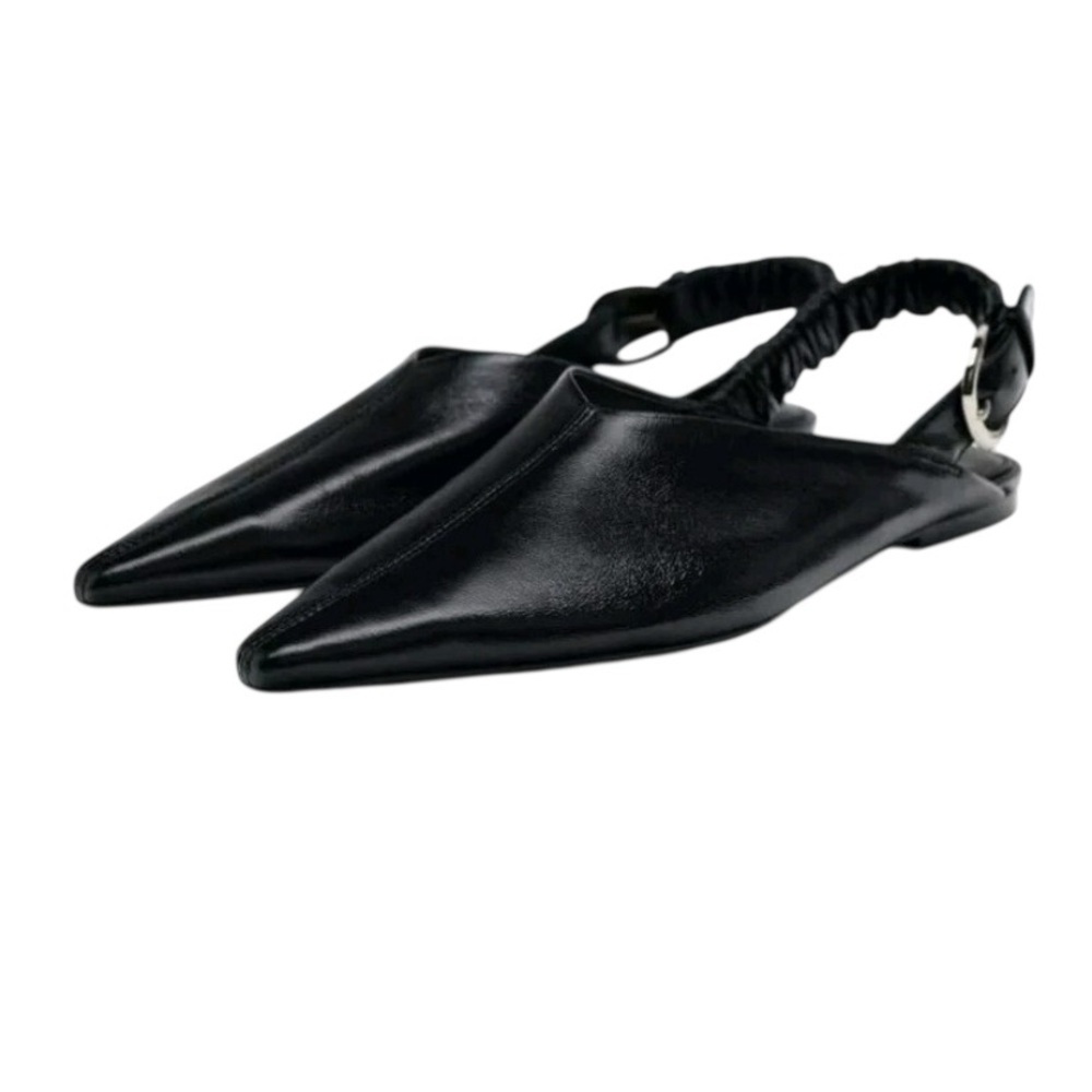 New Zara Pointed Toe Slingback Leather Flat Mules In Black - Size 7.5 UK 38 - Picture 4 of 14